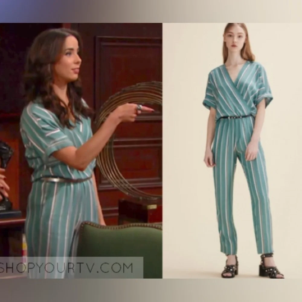 Maje Pandora Woven Stripe Twill Jacquard Jumpsuit Sz 34 / XS / 2 Aqua teal ASO